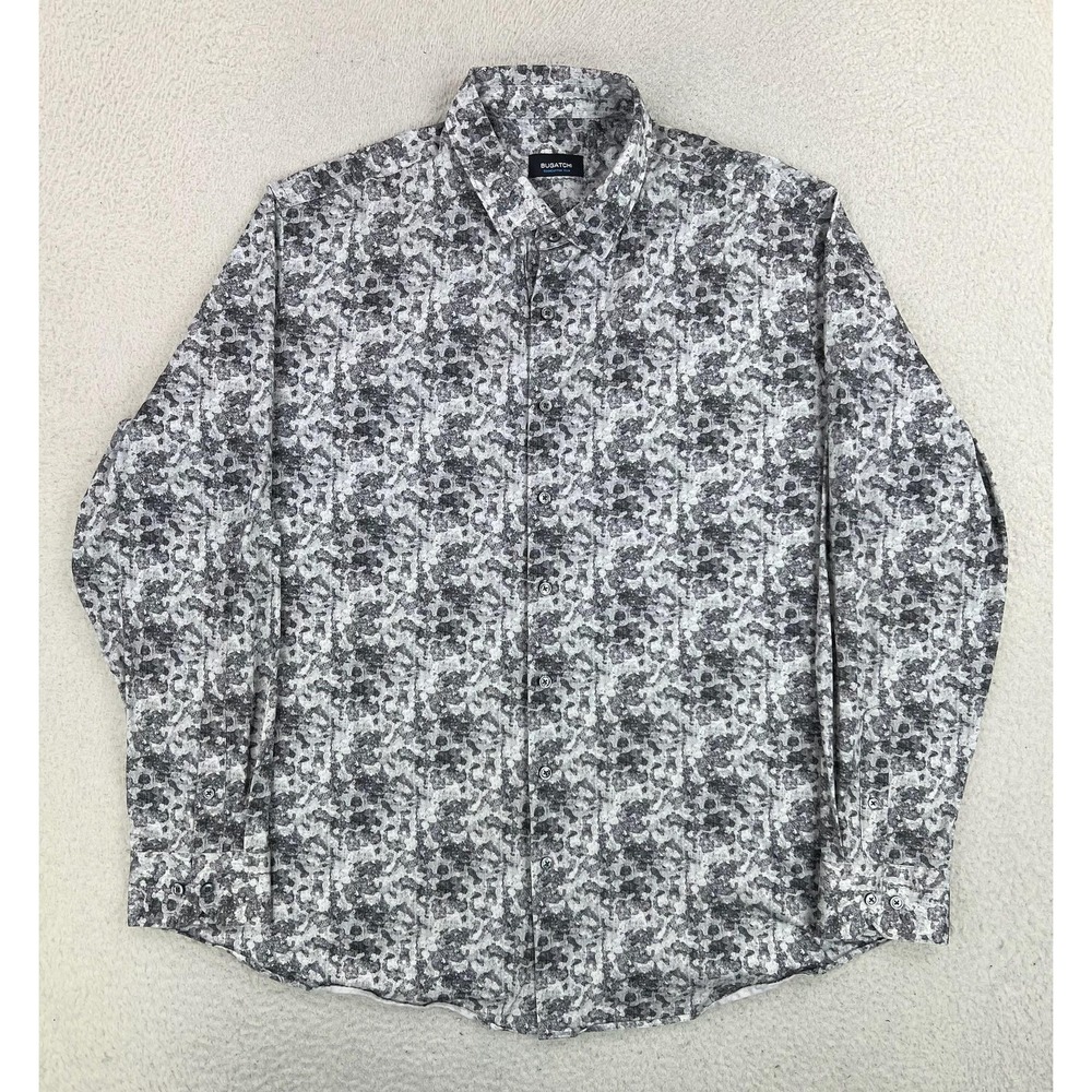 Bugatchi Shirt Mens 3XL Gray Camo OoohCotton Tech Long Sleeve Stretch Button Up